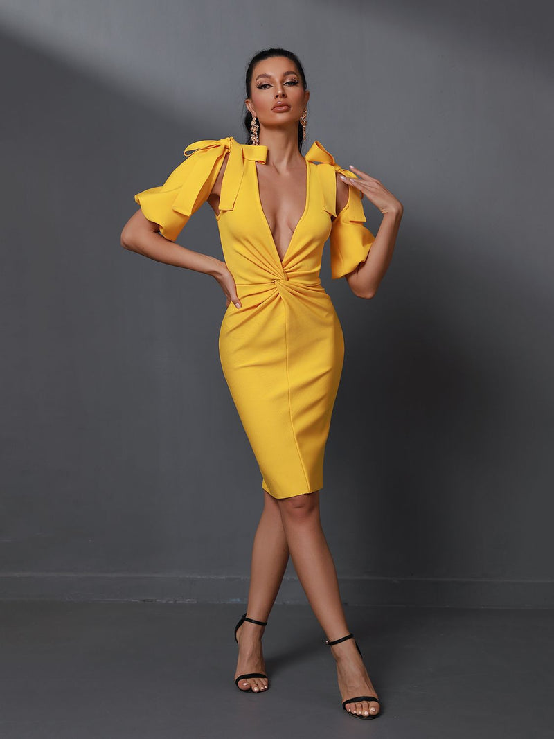 Draped Deep V Neck Yellow Bodycon Outfit, ibuyxi.com