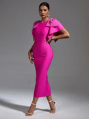 Pink Beaded Ruffle Bandage Midi Party Dress