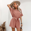 Black Belted Backless Romper For Women Sexy Boat Neck Short Sleeve Short Playsuit 2023 Spring Summer Bodysuit Jumpsuit Overalls, ibuyxi.com