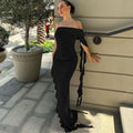 Off-shoulder Backless Sleeveless Ruffle Thigh High Split Maxi Dress, ibuyxi.com