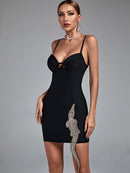 Black Crystal Embellished Mini Bandage Outfit, ibuyxi.com