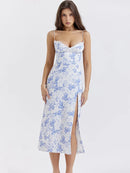 Motion Elegant Blue Print Split Midi Bodycon Dress, ibuyxi.com