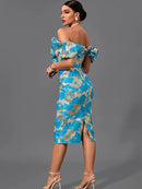 Blue Jacquard Bandage Midi Bodycon Dress, ibuyxi.com