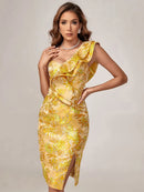Yellow Jacquard One-Shoulder Ruffle Bodycon Party Dress