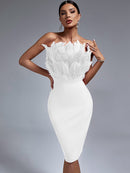 White Feather Strapless Midi Bandage Outfit, ibuyxi.com