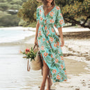 Green Tropical Floral Print Maxi Dress For Women Sexy V-neck Short Sleeve A-line Holiday Beach Dress Summer Female Sundress, ibuyxi.com