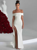 Mozien Off Shoulder Thigh Split Maxi Dress, ibuyxi.com