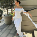 Off-shoulder Backless Sleeveless Ruffle Thigh High Split Maxi Dress, ibuyxi.com