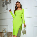 Elegant Green Square Collar Long Sleeve Midi Dress, ibuyxi.com