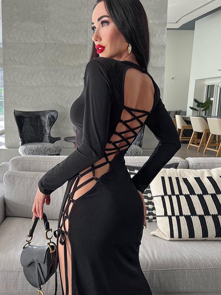 Elegant Black Backless Split Maxi Dress, ibuyxi.com