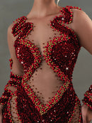 Crimson Sparkle Beaded Chain Maxi Dress