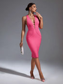 Elegant Pink Backless Midi Bodycon Dress, ibuyxi.com