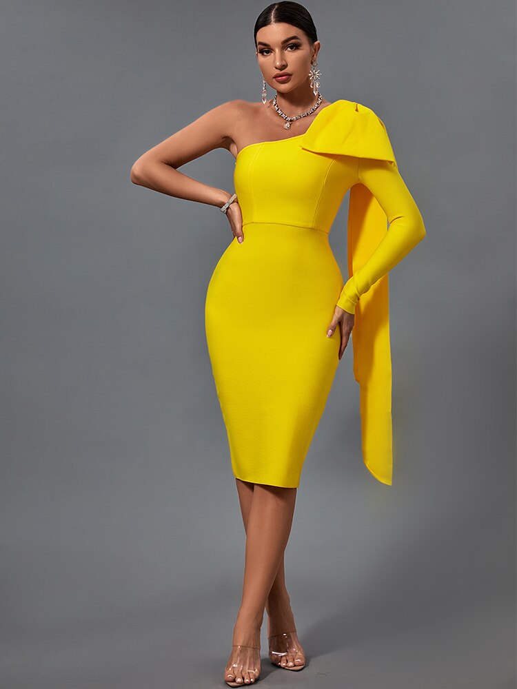 Yellow Long Sleeve Bowknot Bandage Dress, ibuyxi.com