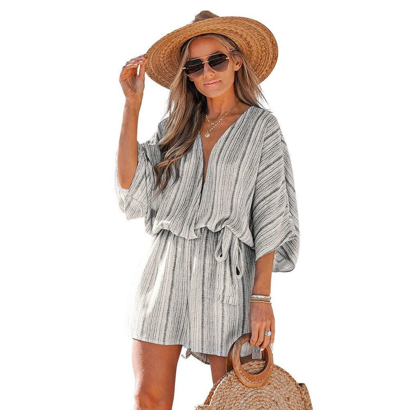 Striped Belted Surplice Neck Romper For Women Sexy Dolman Sleeve Short Playsuit One-piece 2023 Bodysuit Jumpsuit Overalls, ibuyxi.com