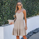Light Brown Ribbed Cami Mini Dress For Women Sexy V-neck Spaghetti Straps Holiday Beach A-line Dress 2023 Summer Female Dress, ibuyxi.com