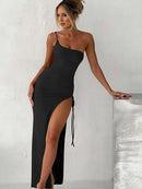 Articat Drawstring High Slit Dress Women Sexy One Shoulder Slim Elastic Maxi Bodycon Party Pleated Vestidos Female Dresses, ibuyxi.com