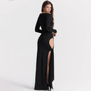 Hollow Out Slash Neck Split Off-Shoulder Full Sleeve Bodycon Maxi Dress, ibuyxi.com