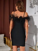 Black Feather Off Shoulder Mini Bodycon Dress, ibuyxi.com