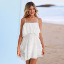 White Floral Jacquard Ruffled Mini Dress For Women Sexy Cami Straps Sleeveless Party A-line Dress 2023 Summer Female Dress, ibuyxi.com