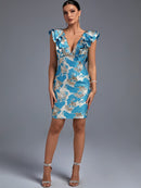 Blue Ruffle Jacquard Dress with Backless Midi, ibuyxi.com