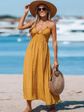 Yellow Ruffled Halter Maxi Dress For Women Sexy V-neck Backless Loose Holiday Beach A-line Dress 2023 Summer Female Sundress, ibuyxi.com