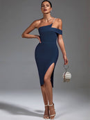 Blue Beaded One Shoulder Bodycon Outfit, ibuyxi.com