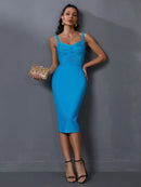 Blue Bandage Midi Party Dress – Mesh Insert Bodycon