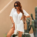 MISS PETAL Pink V neck Crochet Mini Dress Sexy Bat Sleeve Loose Casual Hollow Out T-shirt Dress 2023 Beach Bikini Cover Up, ibuyxi.com