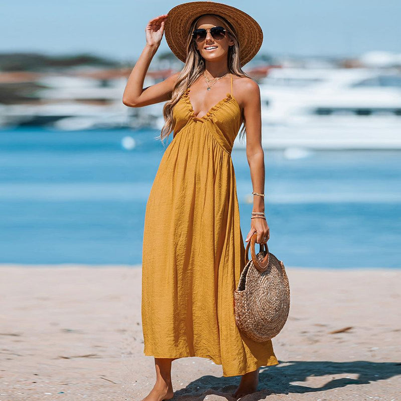Ruffled Halter V-Neck Backless Loose A-Line Maxi Sundress | iBuyXi Ruffled Halter V-Neck Backless Loose A-Line Maxi Sundress | iBuyXi