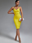 Elegant Yellow Ribbed Spaghetti Strap Bodycon Dress, ibuyxi.com