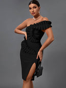 High Quality Orange Ruffle Bandage Dress, ibuyxi.com
