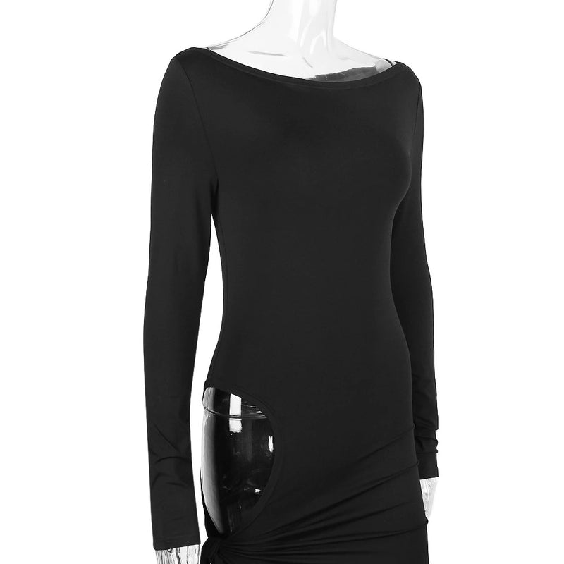 Hollow Out Slash Neck Split Off-Shoulder Full Sleeve Bodycon Maxi Dress, ibuyxi.com