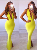 Elegant Yellow Deep V Neck Bandage Dress, ibuyxi.com
