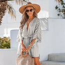 Striped Belted Surplice Neck Romper For Women Sexy Dolman Sleeve Short Playsuit One-piece 2023 Bodysuit Jumpsuit Overalls, ibuyxi.com