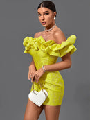 High Quality Yellow Jacquard Ruffle Mini Dress. ibuyxi.com