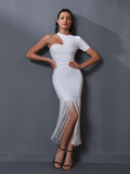 Ruffled White Long Bodycon Tassel Outfit, ibuyxi.com