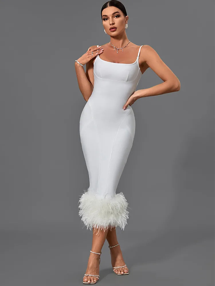  White Feather Bandage Midi Bodycon Dress, ibuyxi.com