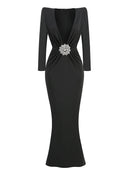 Deep V Neck Rhinestone Gowns Maxi Dress