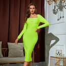 Elegant Green Square Collar Long Sleeve Midi Dress, ibuyxi.com