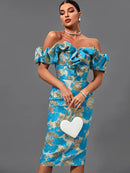 Blue Jacquard Bandage Midi Bodycon Dress, ibuyxi.com