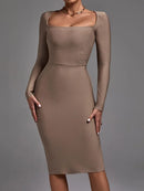 Khaki Long Sleeve Bandage Evening Dress