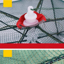 Fishing net with a red and white buoy and a black clip on a green background.