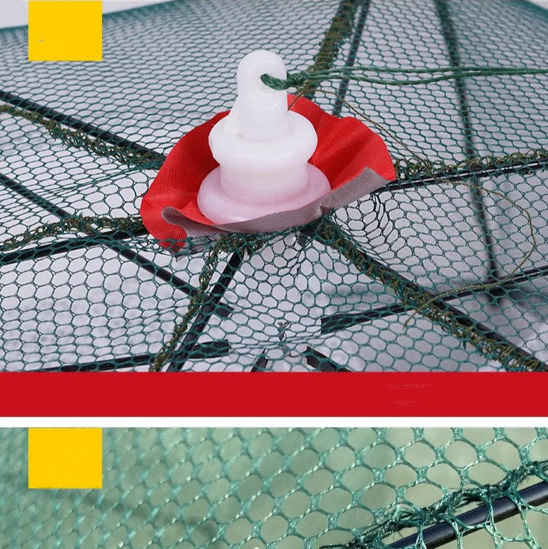 Fishing net with a red and white buoy and a black clip on a green background.