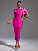 Pink Beaded Ruffle Bandage Midi Party Dress