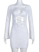 Articat Sexy Hollow Out Mesh Women Dress White Long Sleeve See Through Dress Femme Autumn Skinny Elegant Party Clubwear Vestidos, ibuyxi.com