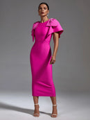 Pink Beaded Ruffle Bandage Midi Party Dress