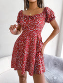 Ruffles Short Sleeve Floral Print A Line Dress