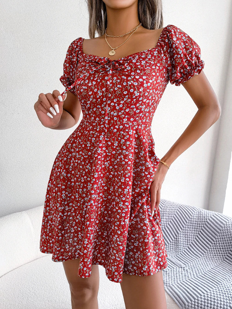 Ruffles Short Sleeve Floral Print A Line Dress