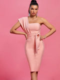 Gorgeous Pink One Shoulder Tie Waist Dress, iBuyxi.com
