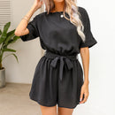Black Belted Backless Romper For Women Sexy Boat Neck Short Sleeve Short Playsuit 2023 Spring Summer Bodysuit Jumpsuit Overalls, ibuyxi.com